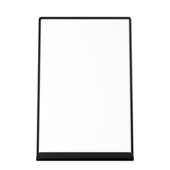 Menu stand signs. mockup of store template signboard , Metal cafe restaurant bar plastic badge black white, 3D illustration	