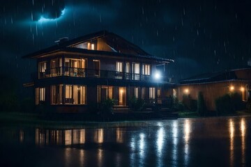Storm rain house night. 