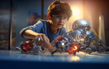 Young latino boy concentrating building a robot, kids children education learning lesson robotics school science hobby activity childhood - obrazy, fototapety, plakaty