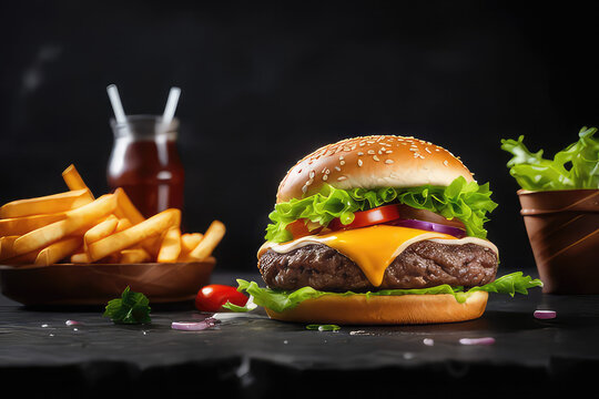 A crispy, juicy hamburger or cheeseburger on a dark black table is sure to make your mouth water.