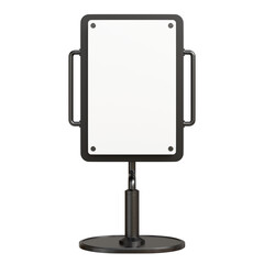 Menu stand signs. mockup of store template signboard , Metal cafe restaurant bar plastic badge black white, 3D illustration	