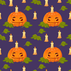 Halloween jack-o-lantern with candles seamless pattern on purple background.