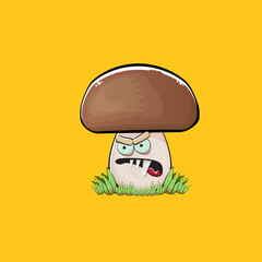 Cartoon mushroom characters isolated on orange background. Funky boletus character with eyes and mouth. Vector white mushroom with brown cap clip art, emoji, label and sticker