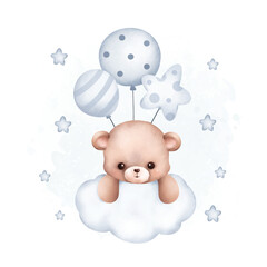 Watercolor Illustration Teddy Bear and balloons on the cloud with stars