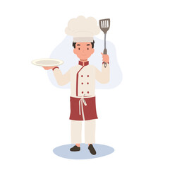 Happy Young Chef in Apron and Hat Serving Dish. Flat vector cartoon illustration