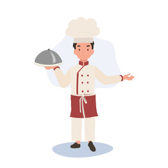 Cute Young Chef in Chef's Uniform Serving a Gourmet Meal with Welcome Sign.