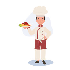 Happy Child Chef Serving Pasta. Young Cook in Chef Hat Prepares Delicious Spaghetti