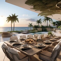 Modern Open Concept Villardiner Flamboyant Table Setting Style With Outdoor Terrace Overlooking the Sea