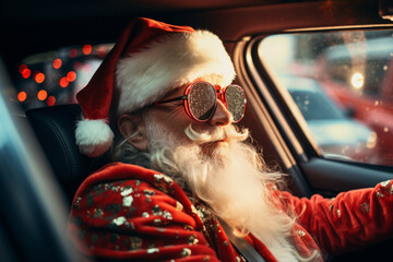 Portrait of stylish Santa Claus in sunglasses driving a car. Christmas delivery