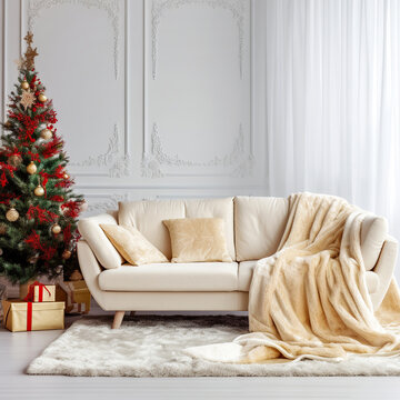 Ivory sofa with plush throw blanket near christmas tree. Hygge new year winter holiday home interior design of modern living room.