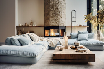 Naklejka premium Pastel blue corner sofa against fireplace and wall with shelves. Scandinavian home interior design of modern living room.