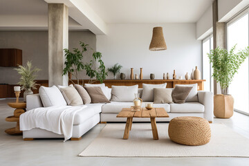 Studio apartment with white corner sofa. Scandinavian home interior design of modern living room. - obrazy, fototapety, plakaty