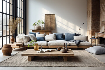 Rustic coffee table near sofa with navy blue pillows in room with brick wall and big black grid windows. Loft home interior design of modern living room.