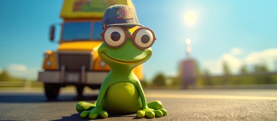 Cartoon green frog wearing denim overalls and bus driver hat, big rig peterbuilt bus background, rubber frog color, cute, colorful