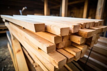 rough wooden planks in a pile at a workshop