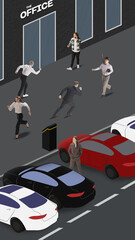 Painted illustration. Modern lifestyle of citizens in big city. People dressed officially hurry up, running on work near business, office center over parking zone with cars.