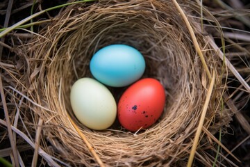 three differently colored bird eggs in a lined nest