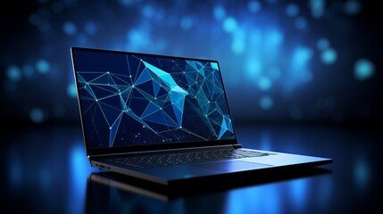 Futuristic communication polygonal 3d laptop made of linear polygons in dark blue color. Online business, it, network, support, services app concept. 