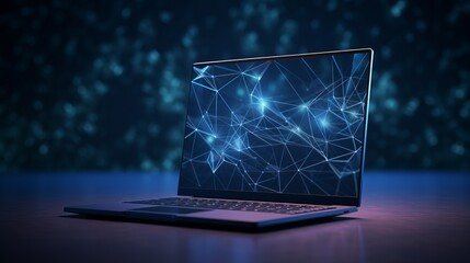 Futuristic communication polygonal 3d laptop made of linear polygons in dark blue color. Online business, it, network, support, services app concept.  - obrazy, fototapety, plakaty
