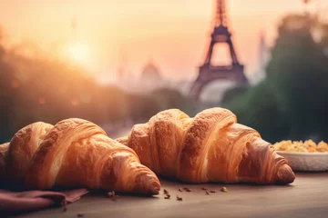 Schilderijen op glas Delicious french croissants close up, setting sun in Paris, eiffel tower, generative ai © pawczar