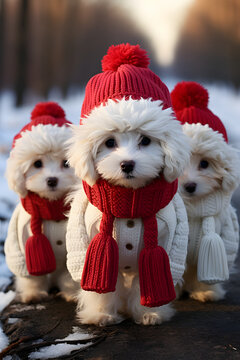 Cute fluffy dog puppy in red caps, against the background of a Christmas