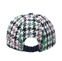 Cap-a baseball cap made of thick woolen fabric, with a visor, multi colored, isolated on a white background. Rear view.  - 660329808
