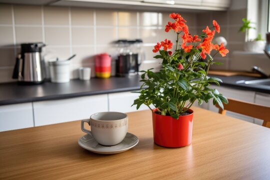 clean kitchen table with one plant pot and a ceramic tea pot