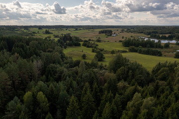 Fototapeta na wymiar Drone photography of forest, meadow and a farm in the background