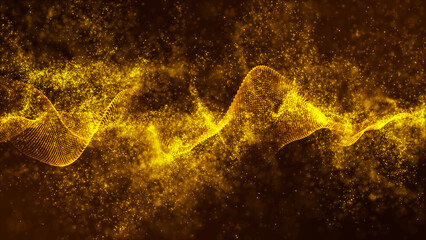 Abstract wave gold colors digital line background glowing lighting on particle