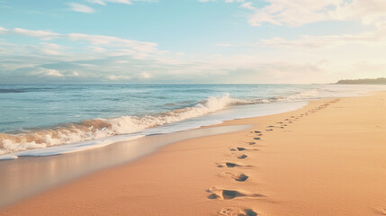 foot prints on beach in the morning
