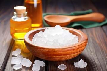 Fototapeta na wymiar sea salt in a wooden bowl, next to essential oils