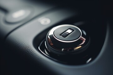 Close up start button of a modern car engine, facilitating easy on and off. A unique key fob with selective focus. Generative AI - obrazy, fototapety, plakaty