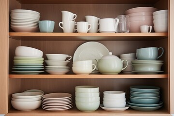 Fototapeta na wymiar ceramic dishware neatly arranged in kitchen cabinet