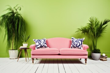 a lime green sofa set against a pastel pink background