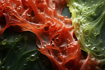 Extreme closeup of green and red seaweeds showing the texture of it. Abstract background with macro sea life. - obrazy, fototapety, plakaty
