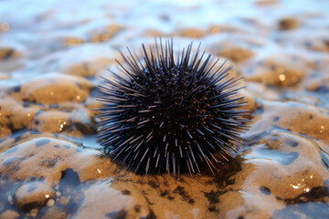 Close up of sea urchin on stones in water. Sea life. 