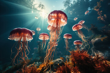 Fototapeta na wymiar Multitude of beautiful pink jellyfish floating underwater filling the entire frame