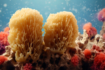 Two vibrant sea sponges among underwater scene on sea background