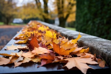 collection of fallen leaves on a rooftop gutter