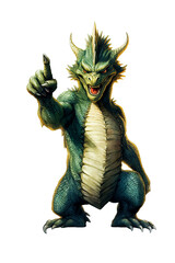 Fototapeta premium green dragon points finger at copy space on white isolated background. Symbol of Chinese New Year 2024. Generative AI illustration