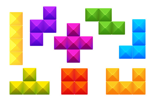Game bricks set, colorfull blocks clasic logic game, puzzle in cartoon style isolated on white background. Creative detailed shapes