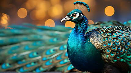 Close up of bird, peacock Decorative decorations bokeh background