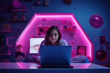 Front view of a teenager girl in his room with neon light in front of a computer. Gen Z virtual life, hacker, content creator, gamer
