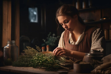 Beautiful woman prepares natural medicine - herbs, idyllic mood. Generative Ai.