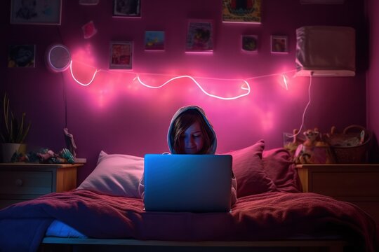 Front view of a teenager girl in his room with neon light in front of a computer. Gen Z virtual life, hacker, content creator, gamer
