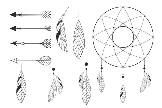 Set tribal dream catcher native ornament with feathers hanging indian amulet arrows line doodle style isolated on white background.