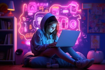 Front view of a teenager girl in his room with neon light in front of a computer. Gen Z virtual life, hacker, content creator, gamer