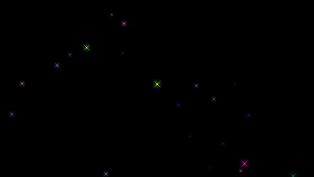 Simple colorful sparkles, particles stars exploding transition on black background.