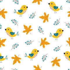 autumn seamless pattern with cute bird and leaves