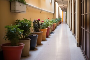 Fototapeta na wymiar shared flowerpots along a common corridor in an apartment building